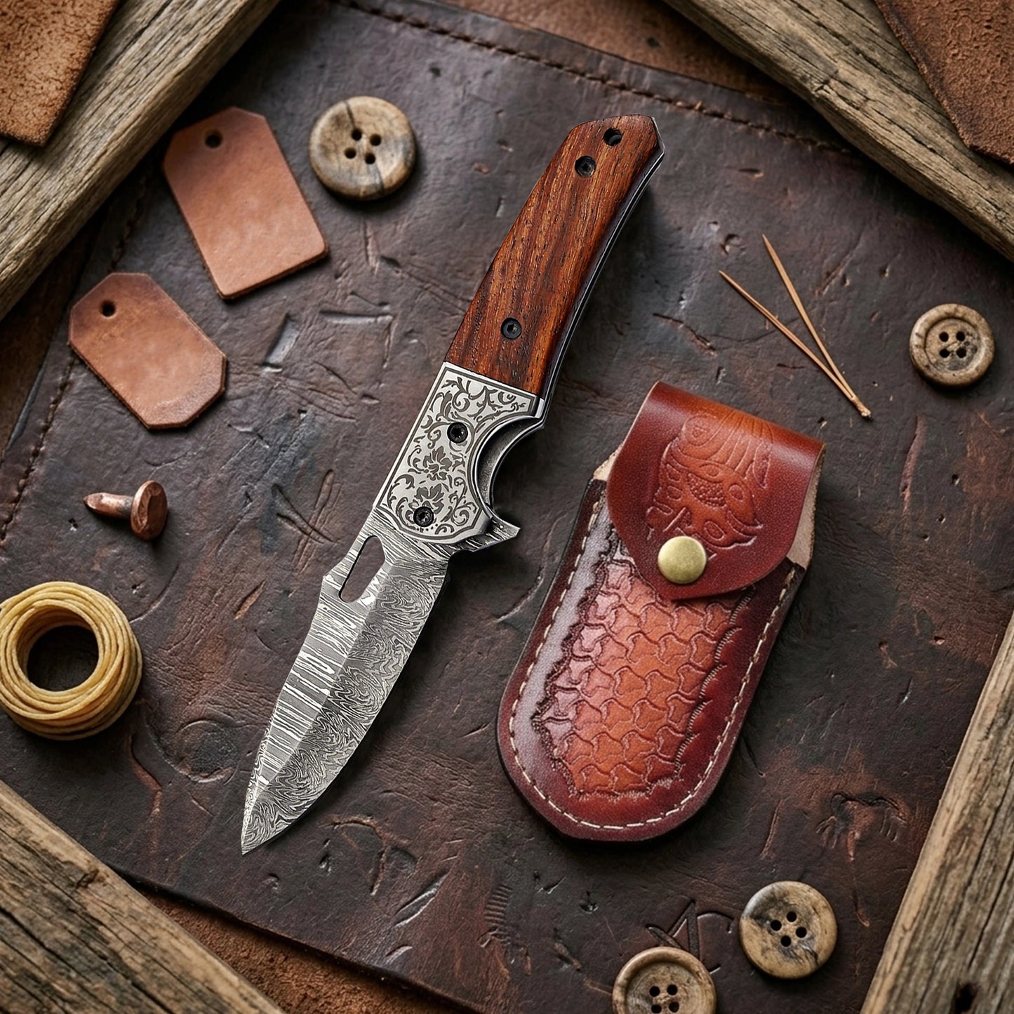 7.5′ Handmade Damascus Steel Pocket Knife with Leather Sheath Walnut Wood Handle & Engraved Steel Bolster | FL-001-WD