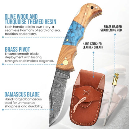 6.5′ Handmade Damascus Steel Pocket Knife with Leather Sheath | FOR-001