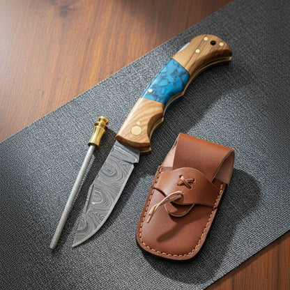 6.5′ Handmade Damascus Steel Pocket Knife with Leather Sheath | FOR-001