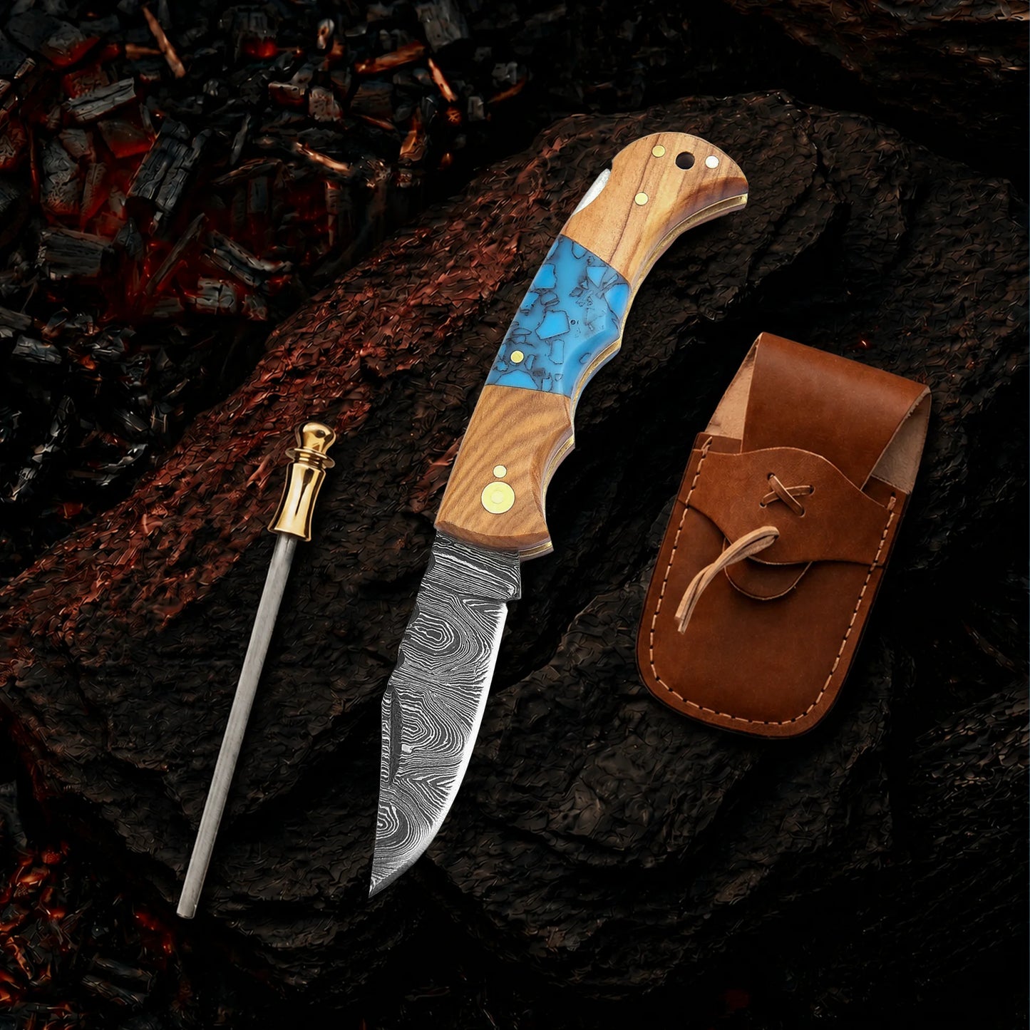 6.5′ Handmade Damascus Steel Pocket Knife with Leather Sheath | FOR-001