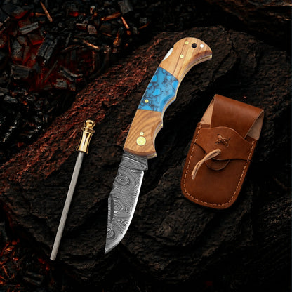 6.5′ Handmade Damascus Steel Pocket Knife with Leather Sheath | FOR-001