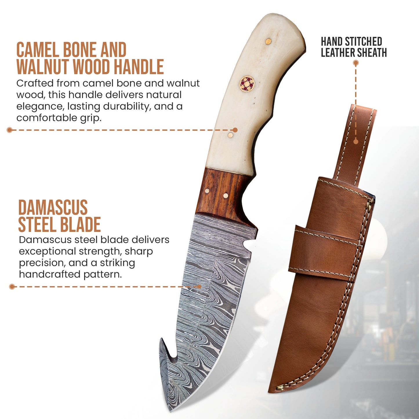 9.0′ Handmade Guthook Damascus Steel Knife with Leather Sheath | GUT-001
