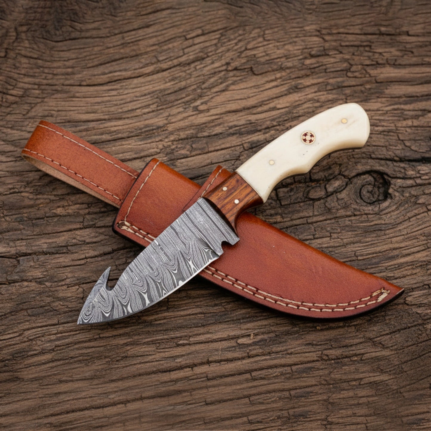 9.0′ Handmade Guthook Damascus Steel Knife with Leather Sheath | GUT-001