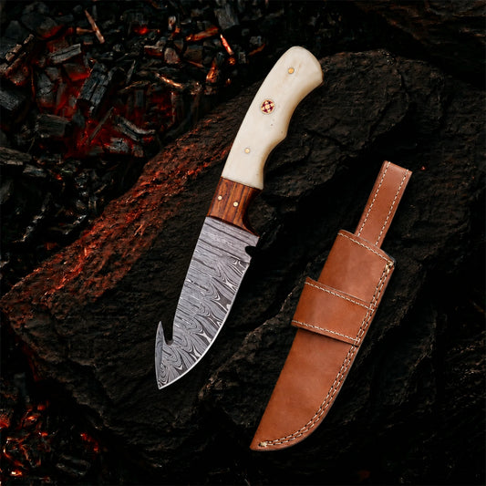 9.0′ Handmade Guthook Damascus Steel Knife with Leather Sheath | GUT-001