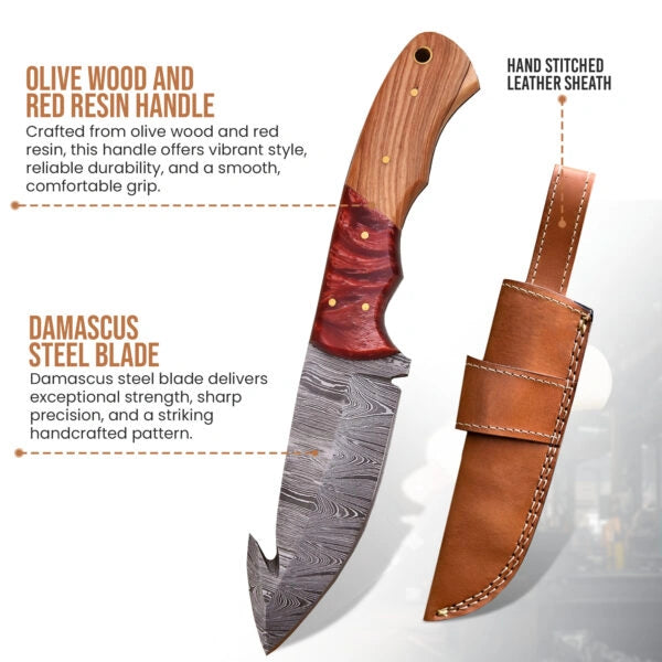9′ Handmade Damascus Steel Bone Handle Knife with Leather Sheath | GUT-002-RD
