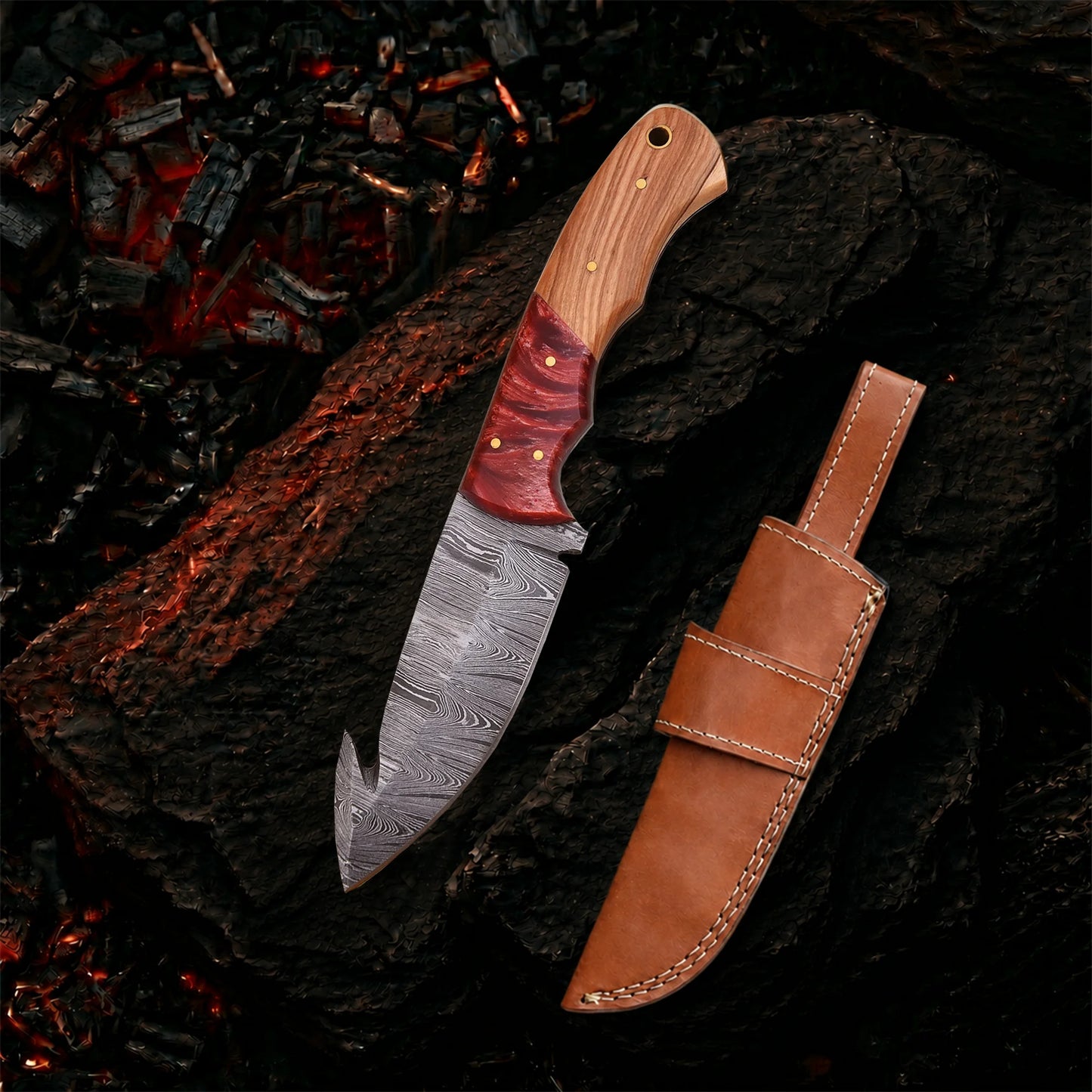 9′ Handmade Damascus Steel Bone Handle Knife with Leather Sheath | GUT-002-RD