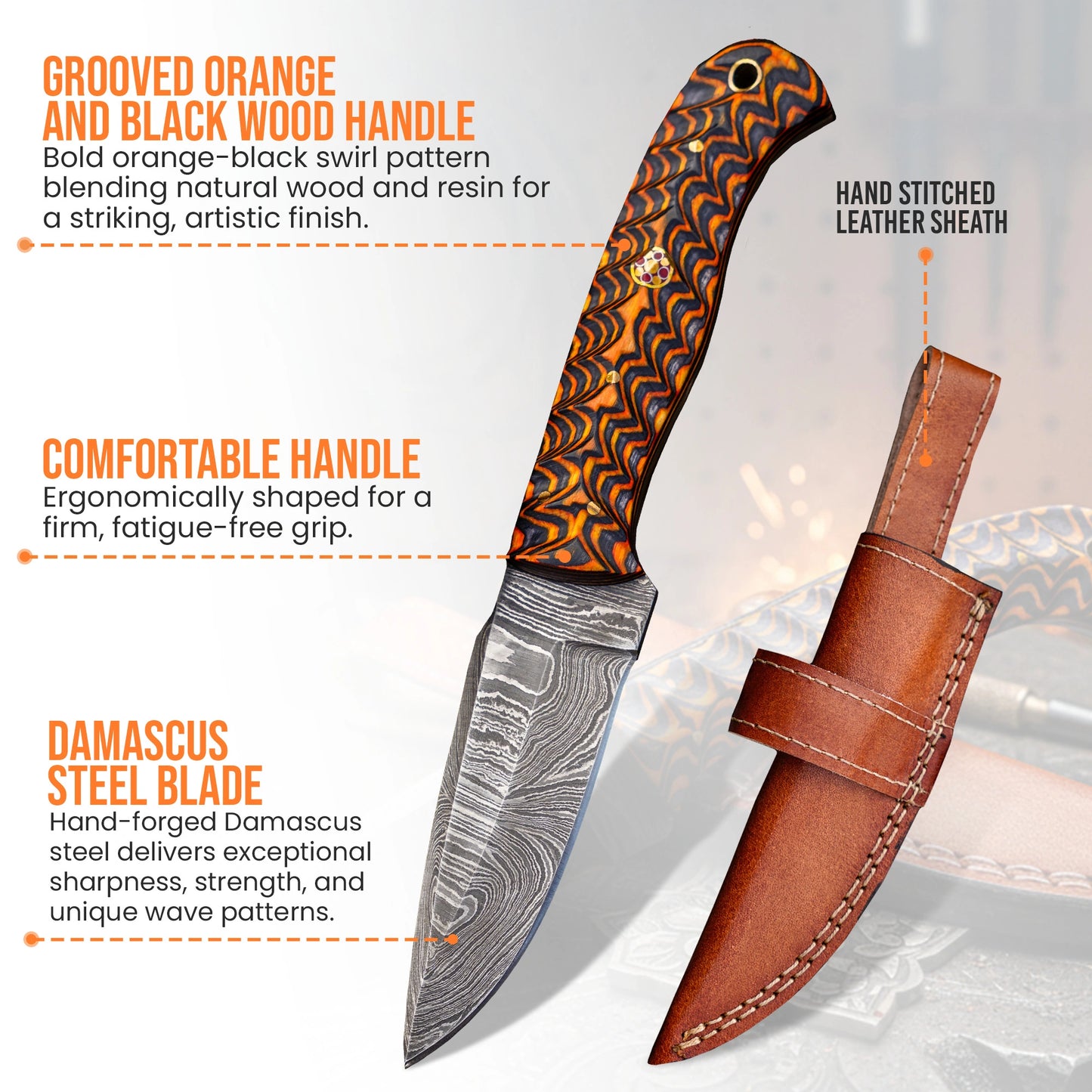 8.5′ Handmade Damascus Steel Knife with Leather Sheath | GY-001