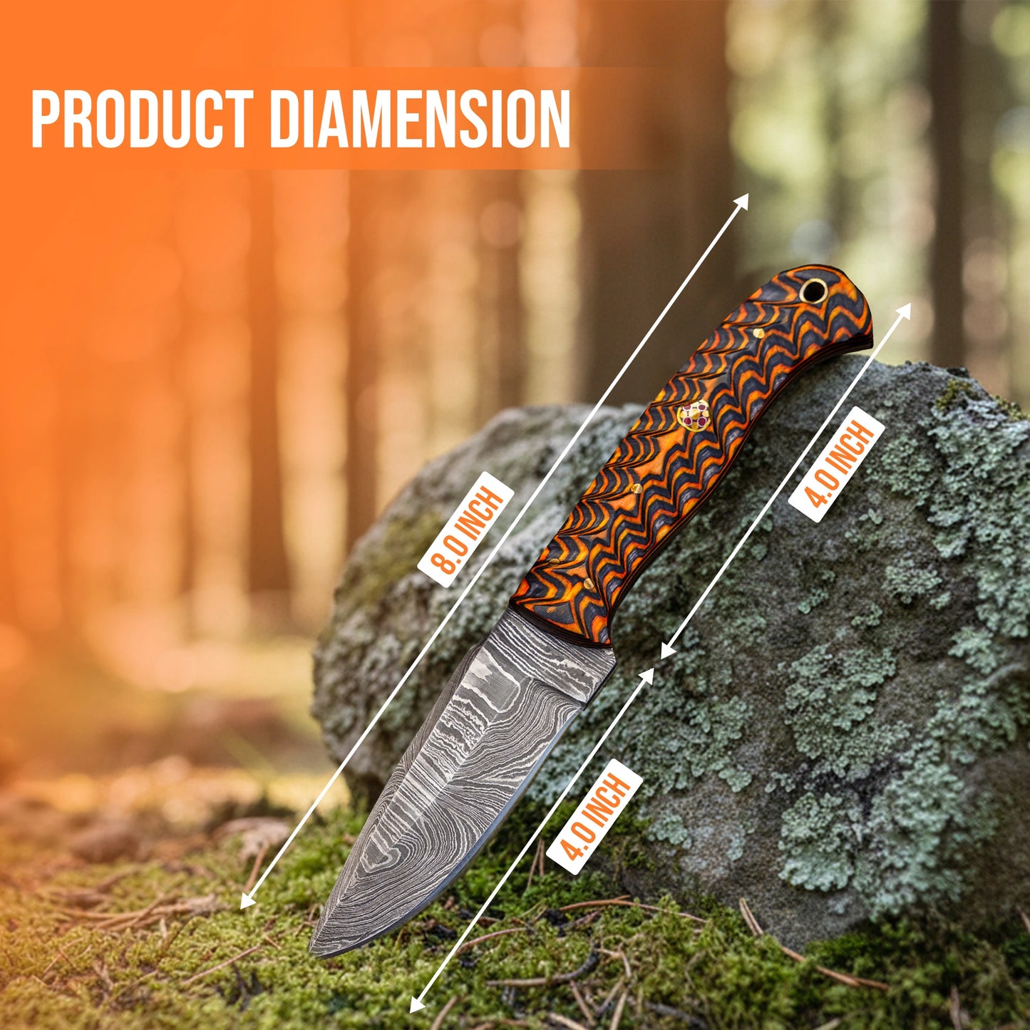 8.5′ Handmade Damascus Steel Knife with Leather Sheath | GY-001