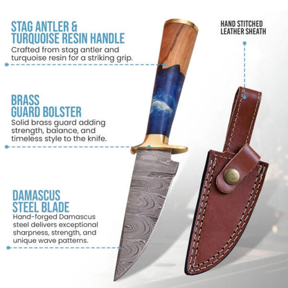 8′ Handmade Damascus Steel Sea Shore themed Handle Knife with Leather Sheath | HO-001-BL