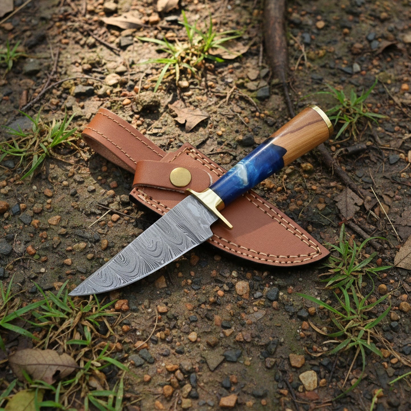 8′ Handmade Damascus Steel Sea Shore themed Handle Knife with Leather Sheath | HO-001-BL