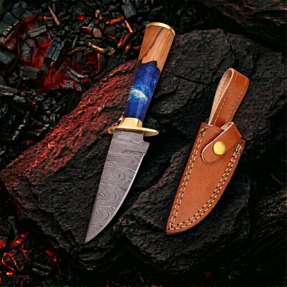 8′ Handmade Damascus Steel Sea Shore themed Handle Knife with Leather Sheath | HO-001-BL