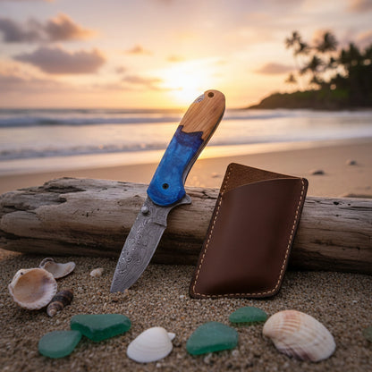 7.0′ Handmade Damascus Steel Pocket Knife with Leather Sheath | HP-001-BL