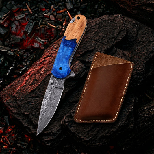 7.0′ Handmade Damascus Steel Pocket Knife with Leather Sheath | HP-001-BL