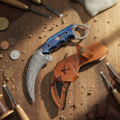 7.5′ Handmade Damascus Steel Karambit Knife With Leather Sheath