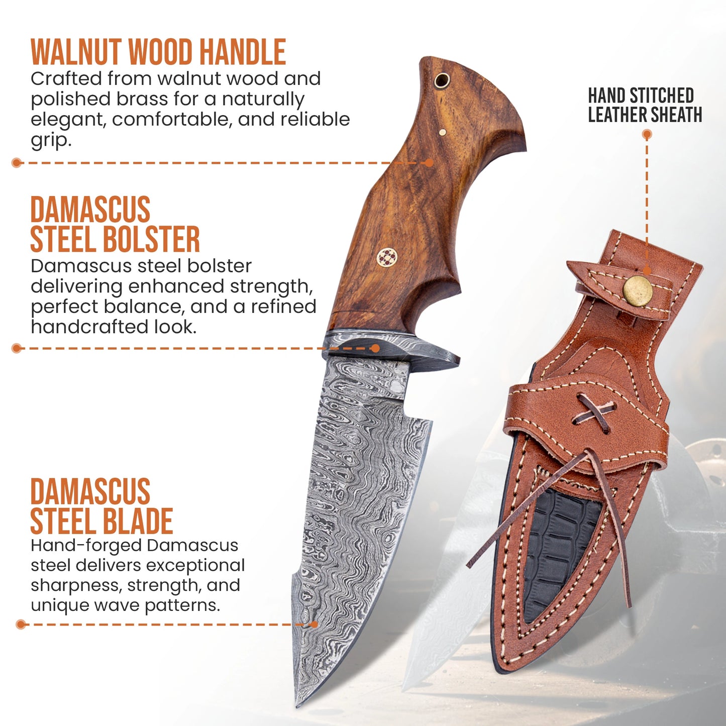 10′ Handmade Damascus Steel Knife with Leather Sheath | MLK-0001