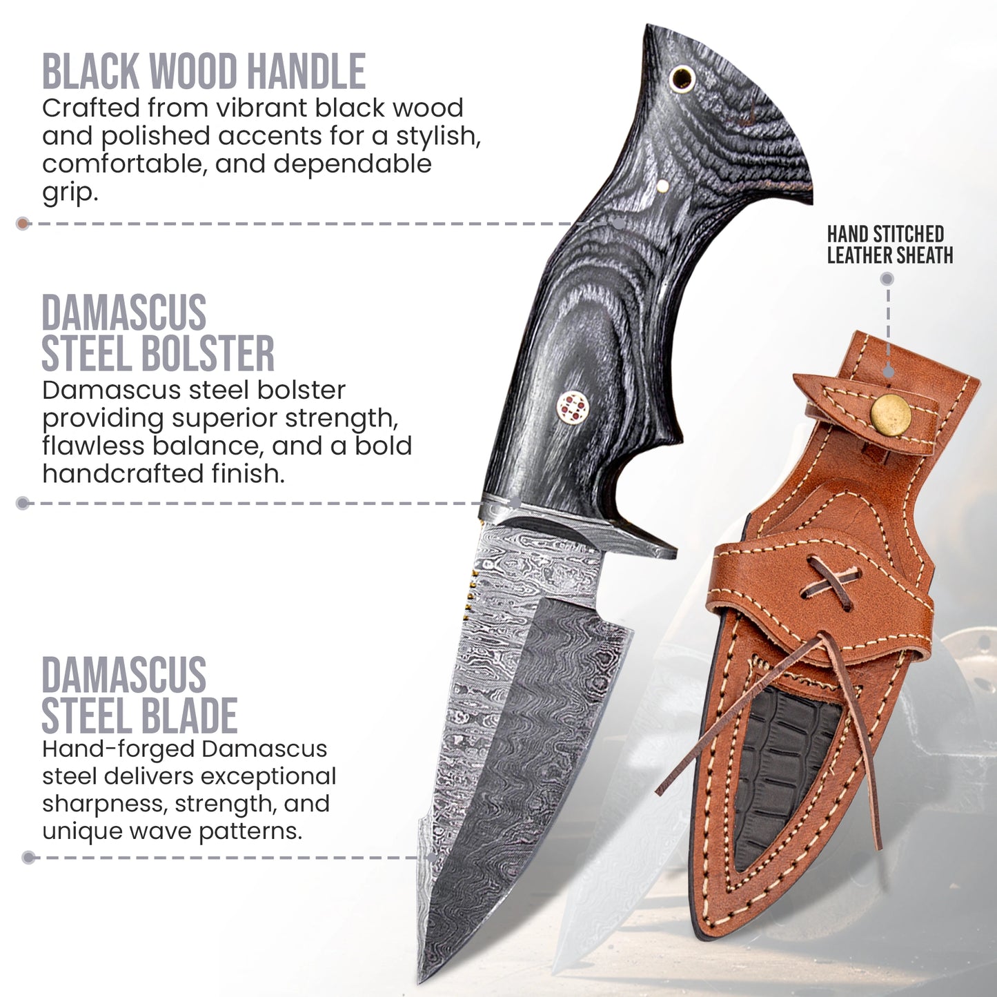 10′ Handmade Damascus Steel Knife with Leather Sheath | MLK-0004