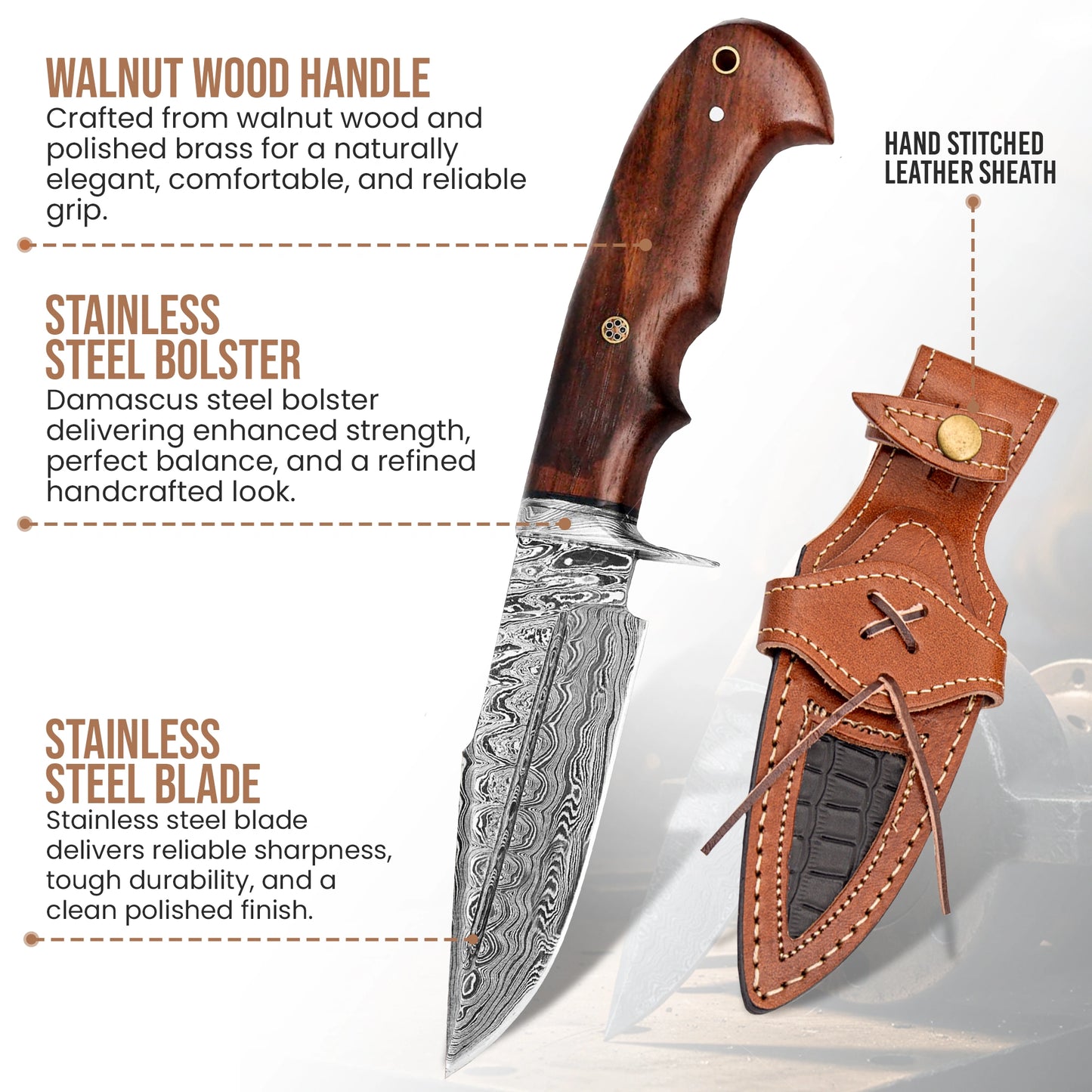 10′ Handmade Damascus Steel Knife with Leather Sheath | MLK-0006