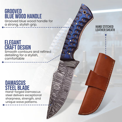 9.5′ Handmade Damascus Steel Grooved Handle Knife with Leather Sheath | MLK-10-BL