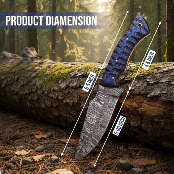 9.5′ Handmade Damascus Steel Grooved Handle Knife with Leather Sheath | MLK-10-BL