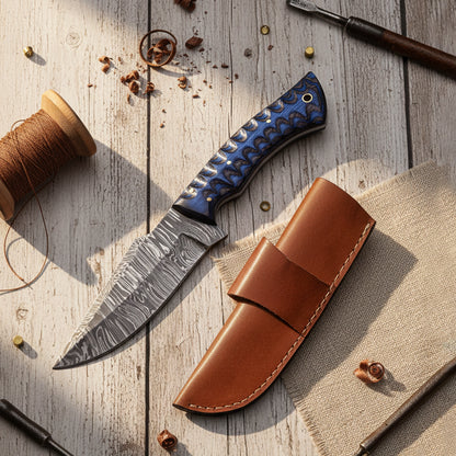 9.5′ Handmade Damascus Steel Grooved Handle Knife with Leather Sheath | MLK-10-BL