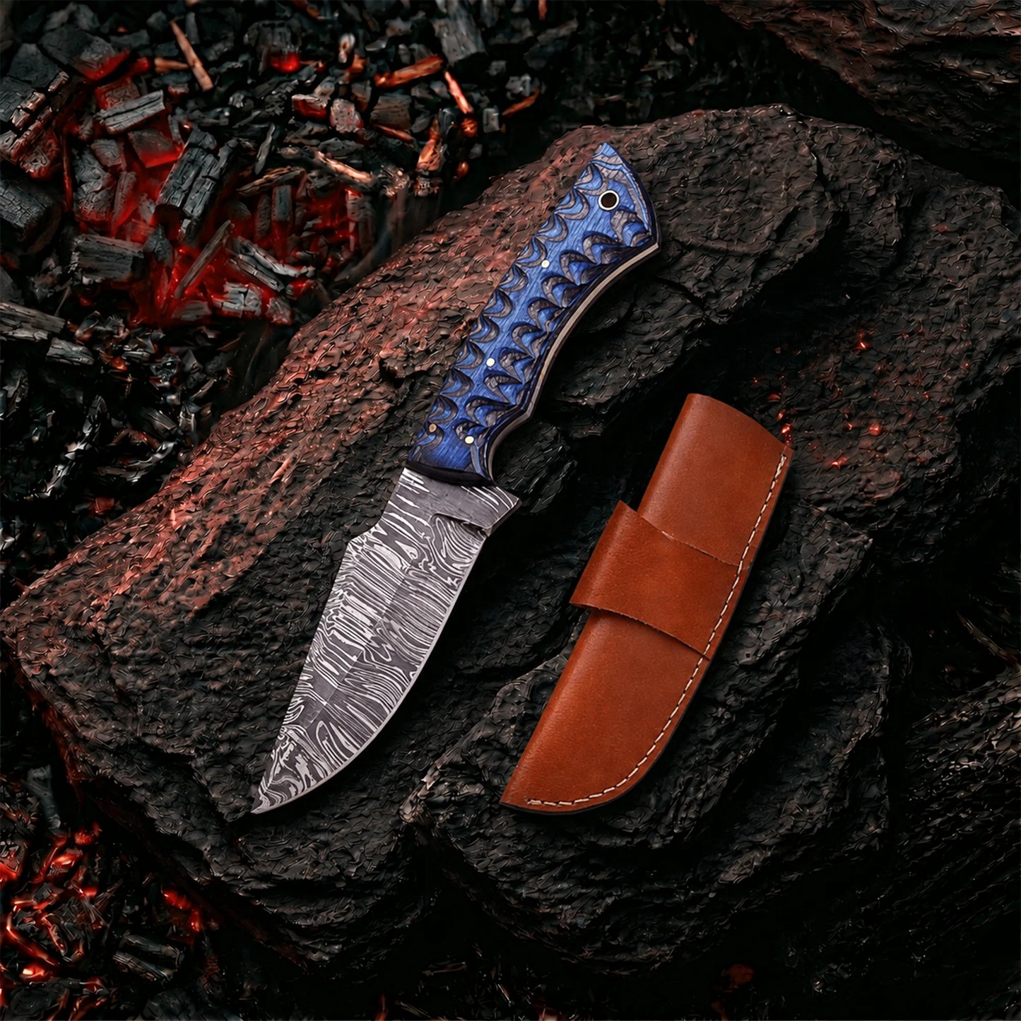 9.5′ Handmade Damascus Steel Grooved Handle Knife with Leather Sheath | MLK-10-BL