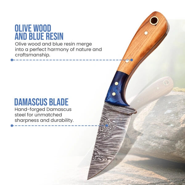 5′ Handmade Damascus Steel Neck Knife with Leather Sheath and String | NK-001