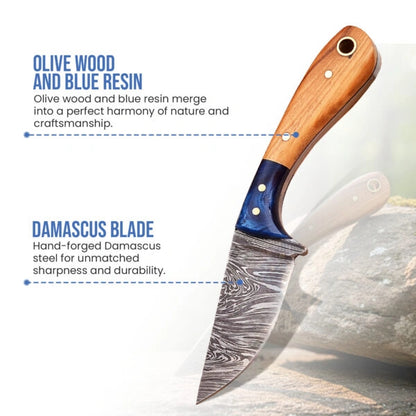 5′ Handmade Damascus Steel Neck Knife with Leather Sheath and String | NK-001