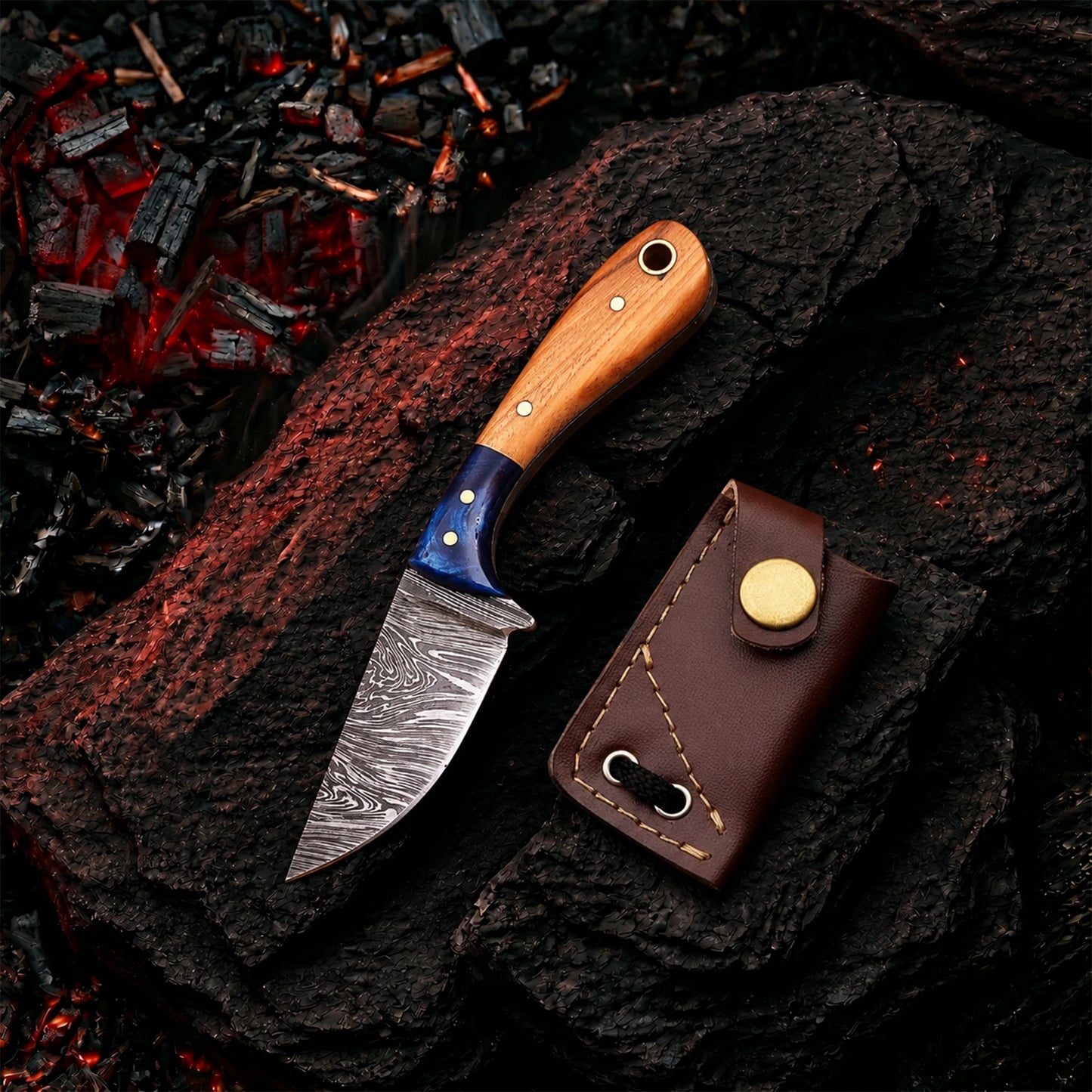 5′ Handmade Damascus Steel Neck Knife with Leather Sheath and String | NK-001