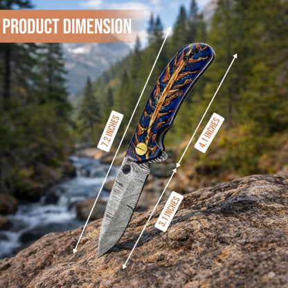 7.2′ Handmade Damascus Steel Pocket Knife with Leather Sheath Pine Cone Handle | PC-001-BL
