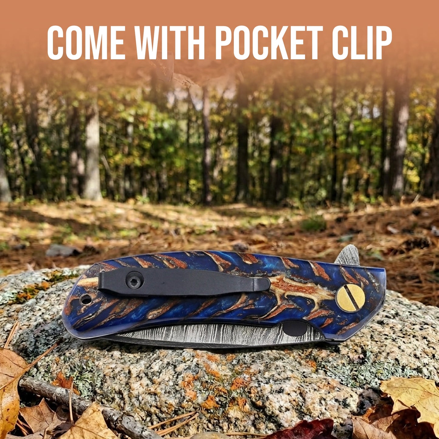 7.2′ Handmade Damascus Steel Pocket Knife with Leather Sheath Pine Cone Handle | PC-001-BL
