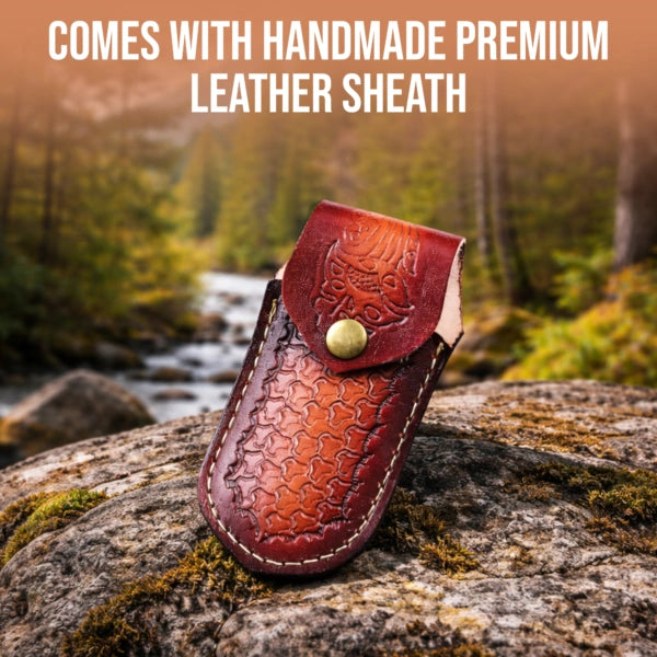 7.2′ Handmade Damascus Steel Pocket Knife with Leather Sheath Pine Cone Handle | PC-001-BL