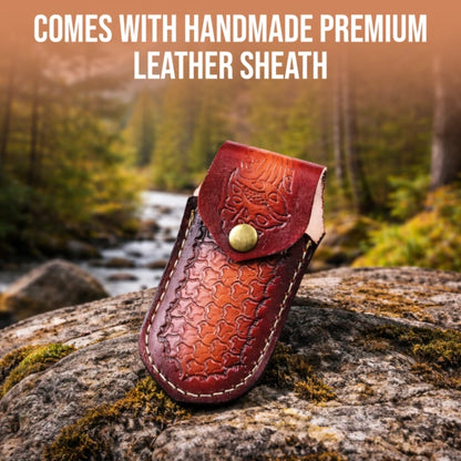 7.2′ Handmade Damascus Steel Pocket Knife with Leather Sheath Pine Cone Handle | PC-001-BL