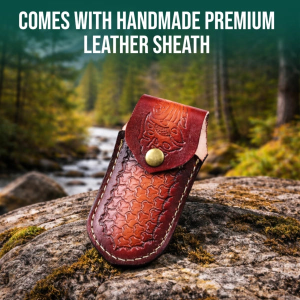 7.2′ Handmade Damascus Steel Pocket Knife with Leather Sheath Pine Cone Handle | PC-001-GN