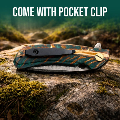 7.2′ Handmade Damascus Steel Pocket Knife with Leather Sheath Pine Cone Handle | PC-001-GN