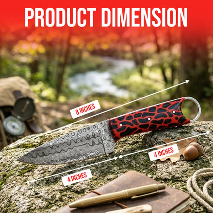 8′ Handmade Damascus Steel Artistic Red & Black Cheetah Texture Handle Knife with Leather Sheath | RING-001-RD