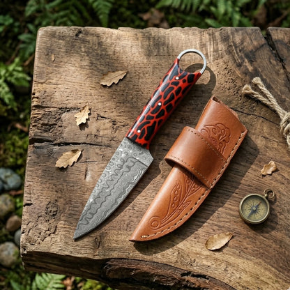 8′ Handmade Damascus Steel Artistic Red & Black Cheetah Texture Handle Knife with Leather Sheath | RING-001-RD