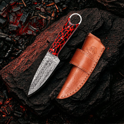 8′ Handmade Damascus Steel Artistic Red & Black Cheetah Texture Handle Knife with Leather Sheath | RING-001-RD