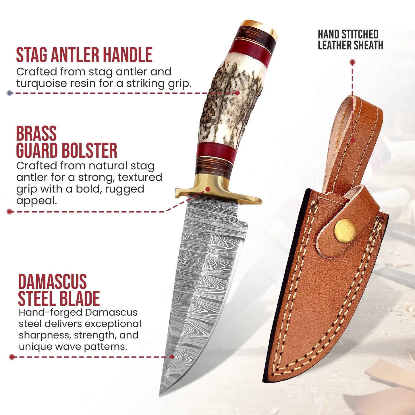 8′ Handmade Damascus Steel Stag Horn Handle Knife with Leather Sheath | STG-001