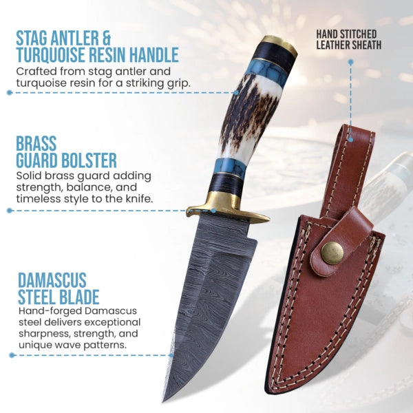 8′ Handmade Damascus Steel Stag Antler & Turquoise Resin Handle Knife with Leather Sheath | STG-001-BR