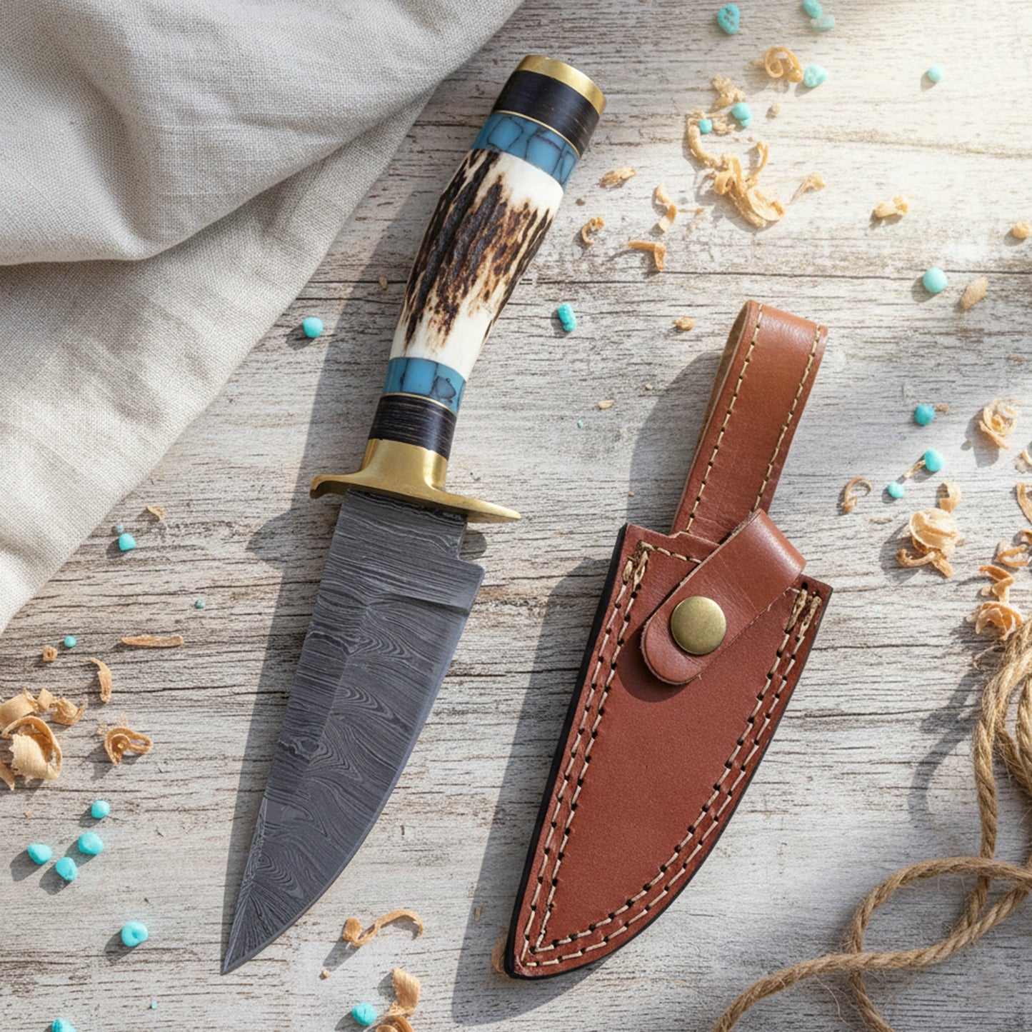 8′ Handmade Damascus Steel Stag Antler & Turquoise Resin Handle Knife with Leather Sheath | STG-001-BR
