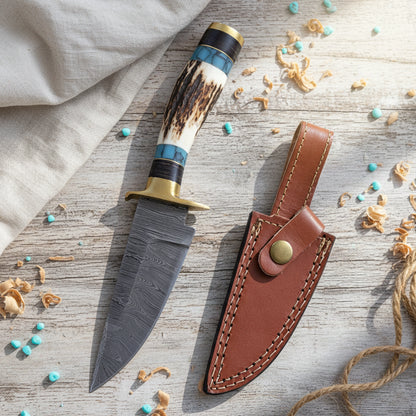 8′ Handmade Damascus Steel Stag Antler & Turquoise Resin Handle Knife with Leather Sheath | STG-001-BR