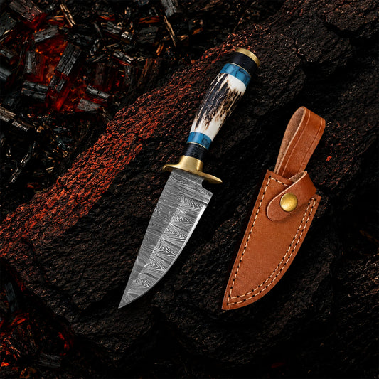 8′ Handmade Damascus Steel Stag Antler & Turquoise Resin Handle Knife with Leather Sheath | STG-001-BR