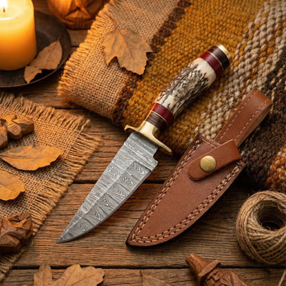 8′ Handmade Damascus Steel Stag Horn Handle Knife with Leather Sheath | STG-001