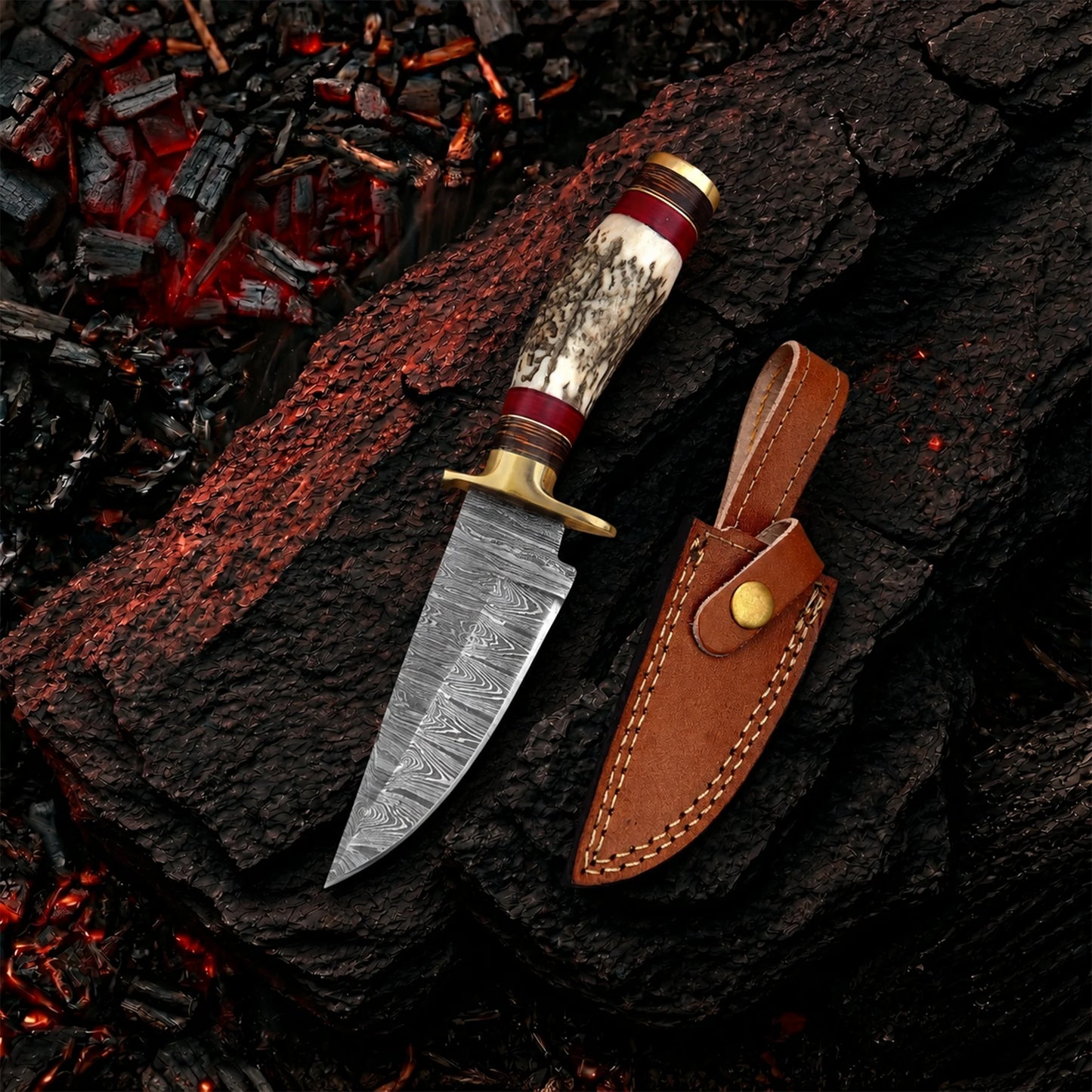 8′ Handmade Damascus Steel Stag Horn Handle Knife with Leather Sheath | STG-001
