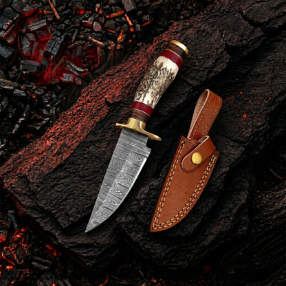 8′ Handmade Damascus Steel Stag Horn Handle Knife with Leather Sheath | STG-001
