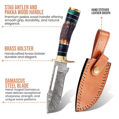 8′ Handmade Damascus Steel Stag Antler & Paka Wood Handle Knife with Leather Sheath | STG-002-GN