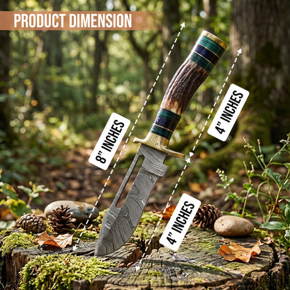8′ Handmade Damascus Steel Stag Antler & Paka Wood Handle Knife with Leather Sheath | STG-002-GN