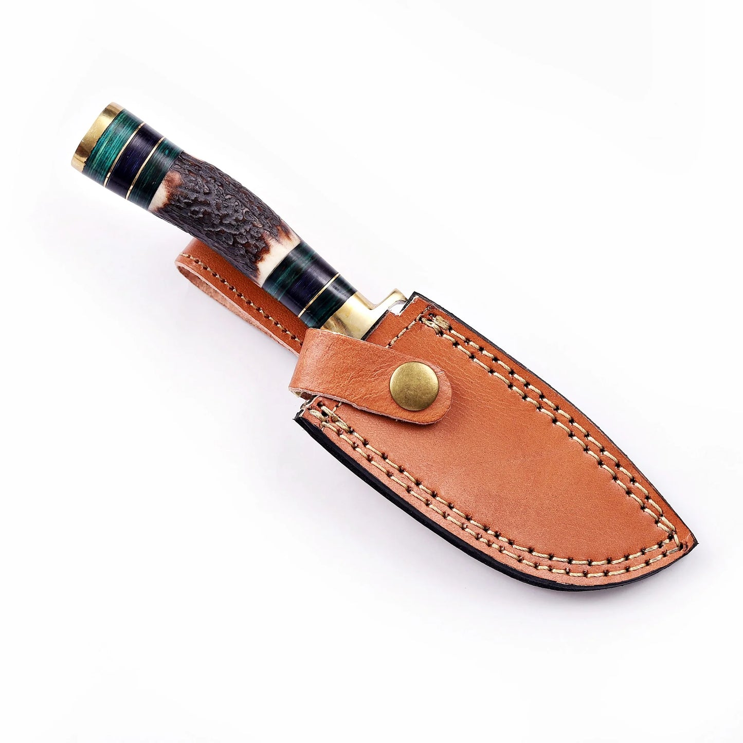 8′ Handmade Damascus Steel Stag Antler & Paka Wood Handle Knife with Leather Sheath | STG-002-GN