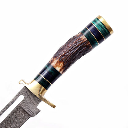 8′ Handmade Damascus Steel Stag Antler & Paka Wood Handle Knife with Leather Sheath | STG-002-GN