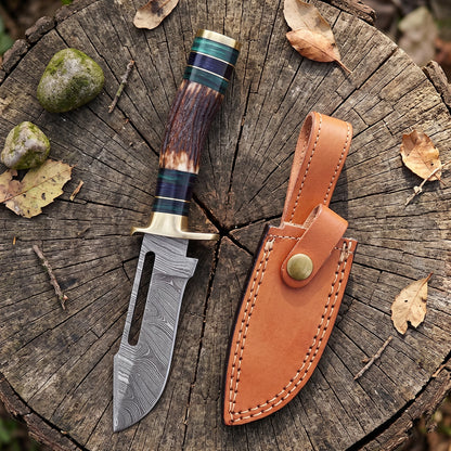 8′ Handmade Damascus Steel Stag Antler & Paka Wood Handle Knife with Leather Sheath | STG-002-GN